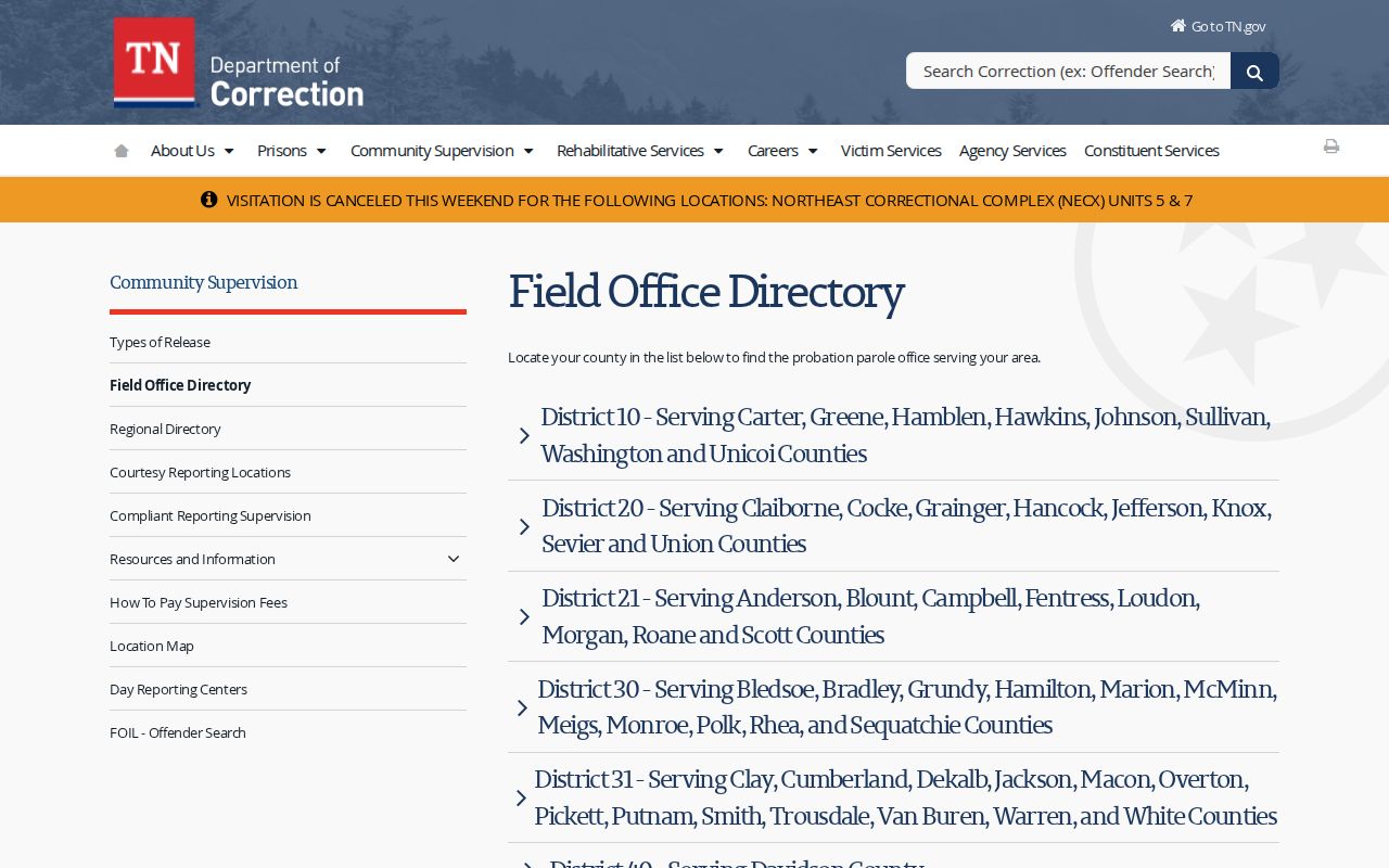 Hawkins County probation and parole District 10 office listing