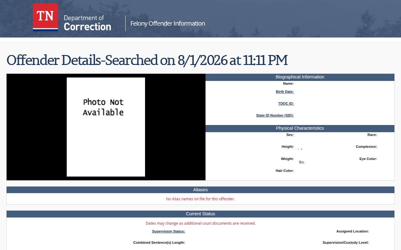 Hawkins County projected release fields on a TDOC FOIL detail page