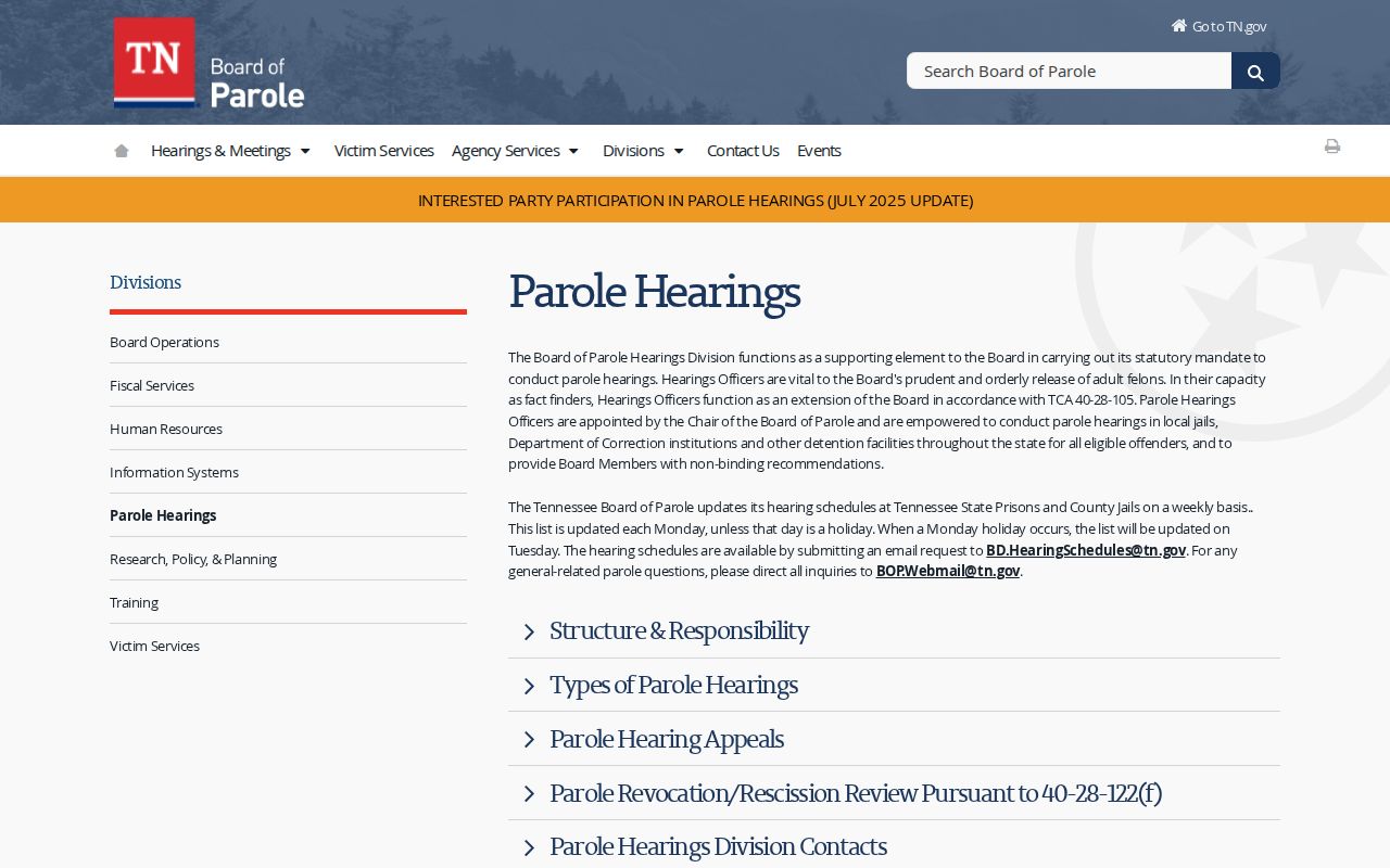 Hawkins County parole hearing schedule request and weekly update details
